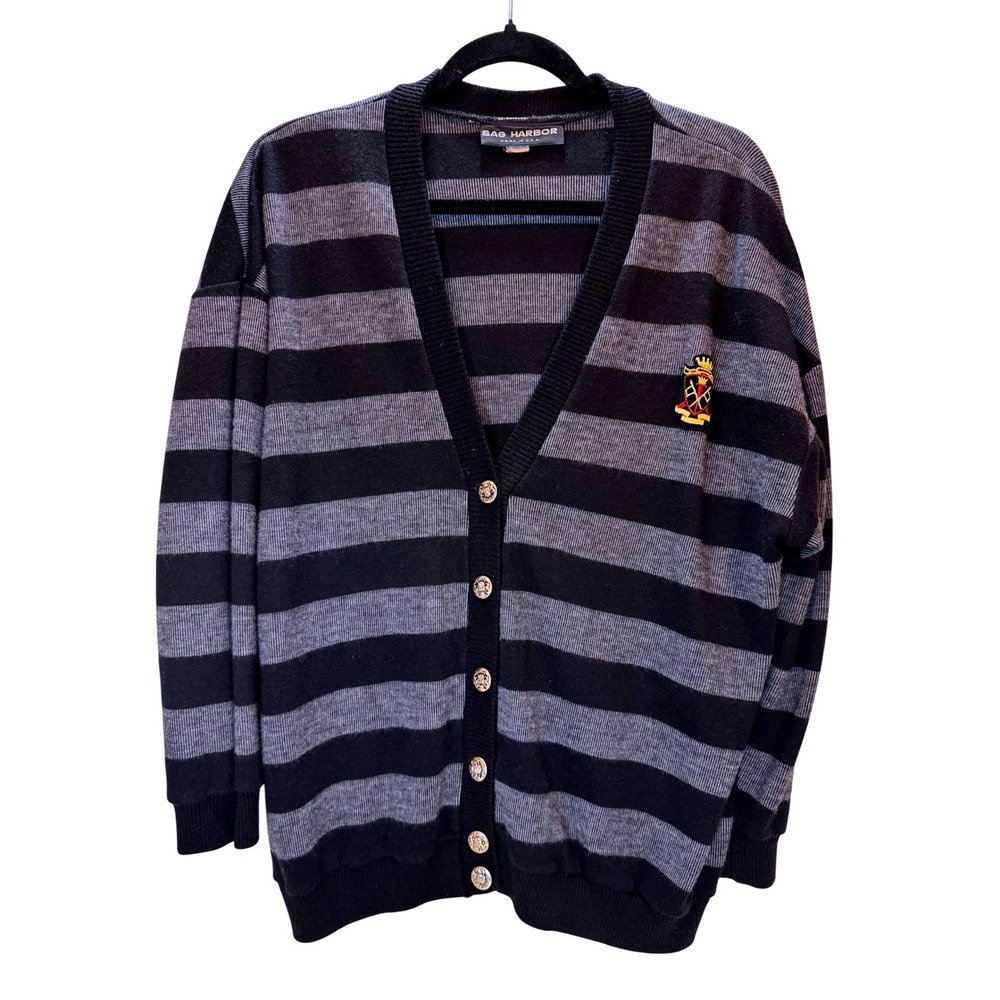 Vintage Striped Cardigan Size L Black Crest Dark Academia Collegiate Preppy